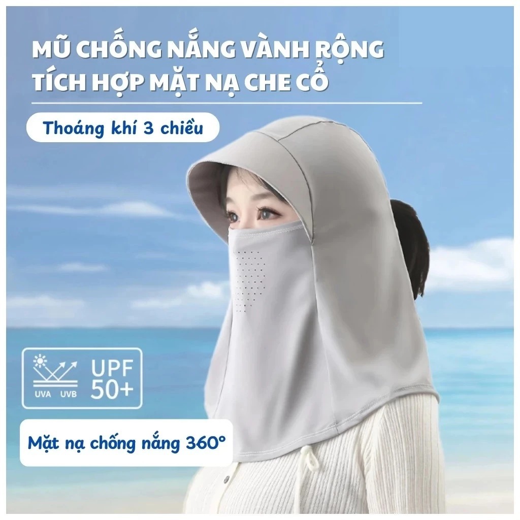 Mũ chống nắng trùm đầu tích hợp mặt nạ khẩu trang lụa băng lạnh che cổ có lỗ thoáng khí chống tia UV phù hợp cả Nam Nữ