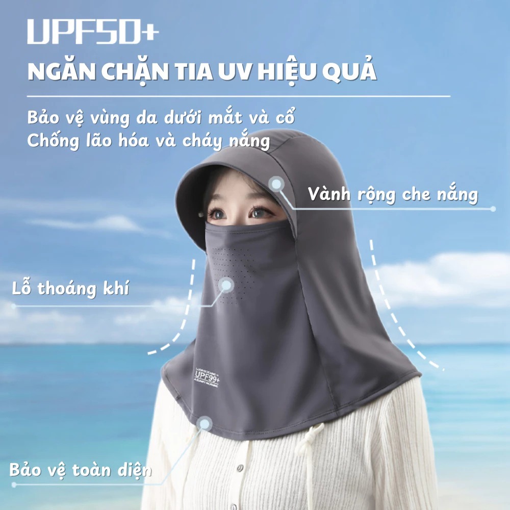 Mũ chống nắng trùm đầu tích hợp mặt nạ khẩu trang lụa băng lạnh che cổ có lỗ thoáng khí chống tia UV phù hợp cả Nam Nữ
