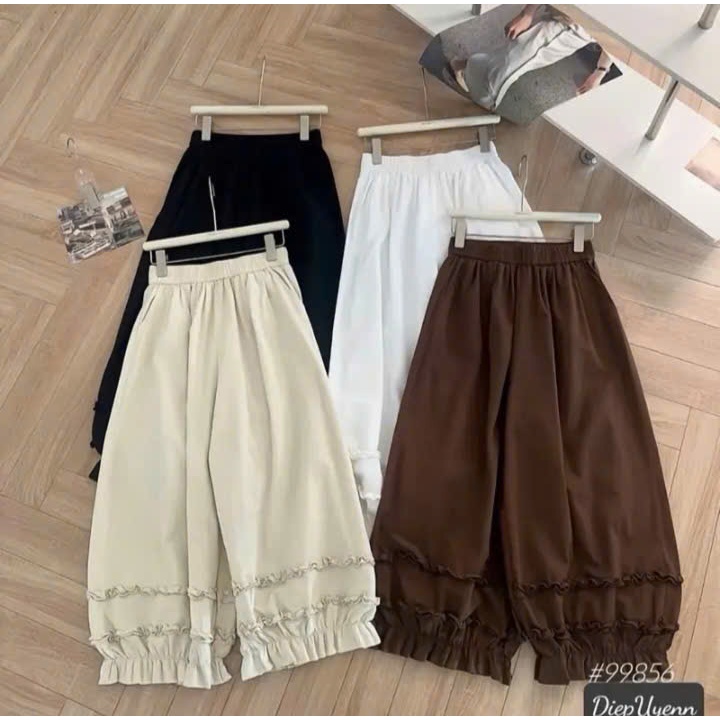 quần ống rộng dáng bom thụng gấu nhúm  bèo tầng  vải kaki gió cạp chun lưng cao 345