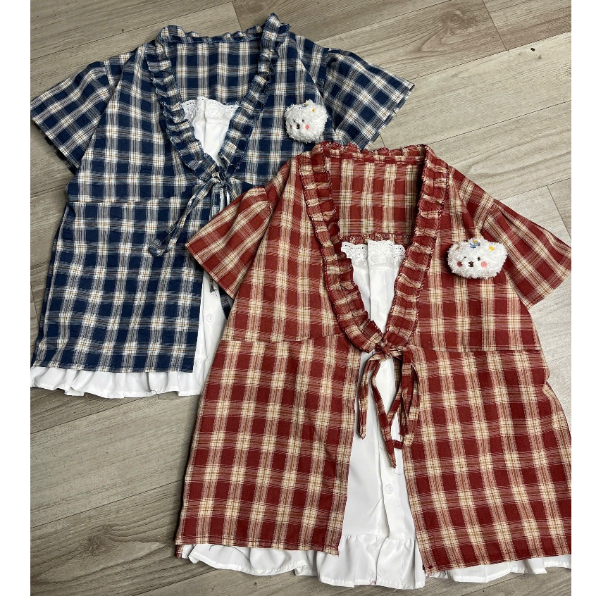 [TẶNG KÈM CHAM]￼Áo Babydoll 2 Lớp Màu kẻ xinh Buộc Nơ Ngực Ulzzang Dễ Thương Hàn Quốc mẫu mới 2026