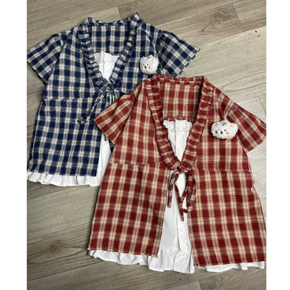 [TẶNG KÈM CHAM]￼Áo Babydoll 2 Lớp Màu kẻ xinh Buộc Nơ Ngực Ulzzang Dễ Thương Hàn Quốc mẫu mới 2026