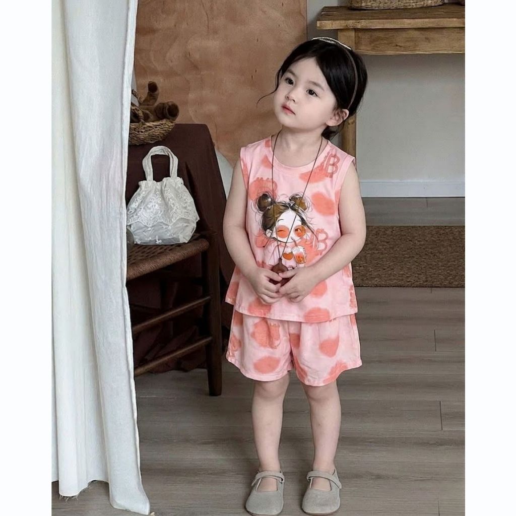 Bộ 3 lỗ Cô Gái Trà Sữa sz 9 - 43 kg, quần áo chất coton bé gái mùa hè 2026