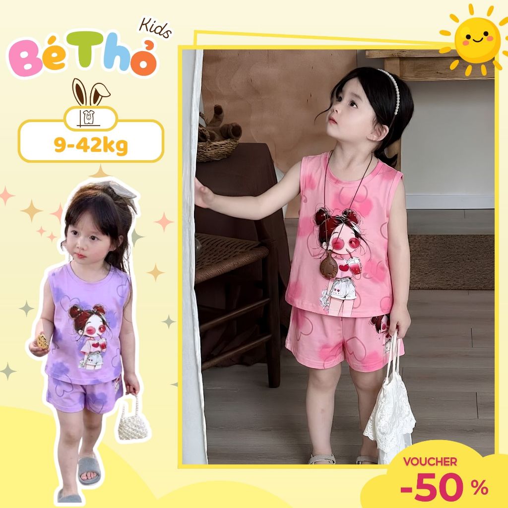 Bộ 3 lỗ Cô Gái Trà Sữa sz 9 - 43 kg, quần áo chất coton bé gái mùa hè 2026