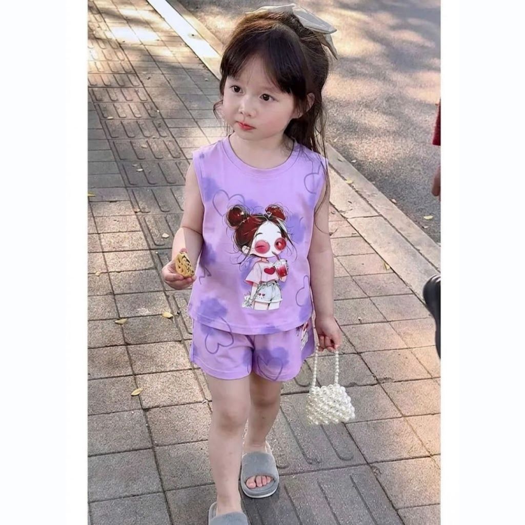 Bộ 3 lỗ Cô Gái Trà Sữa sz 9 - 43 kg, quần áo chất coton bé gái mùa hè 2026