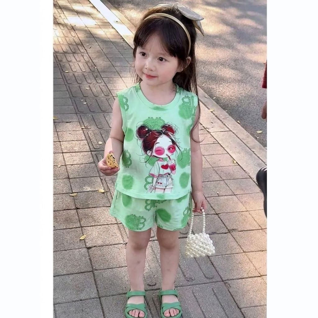Bộ 3 lỗ Cô Gái Trà Sữa sz 9 - 43 kg, quần áo chất coton bé gái mùa hè 2026