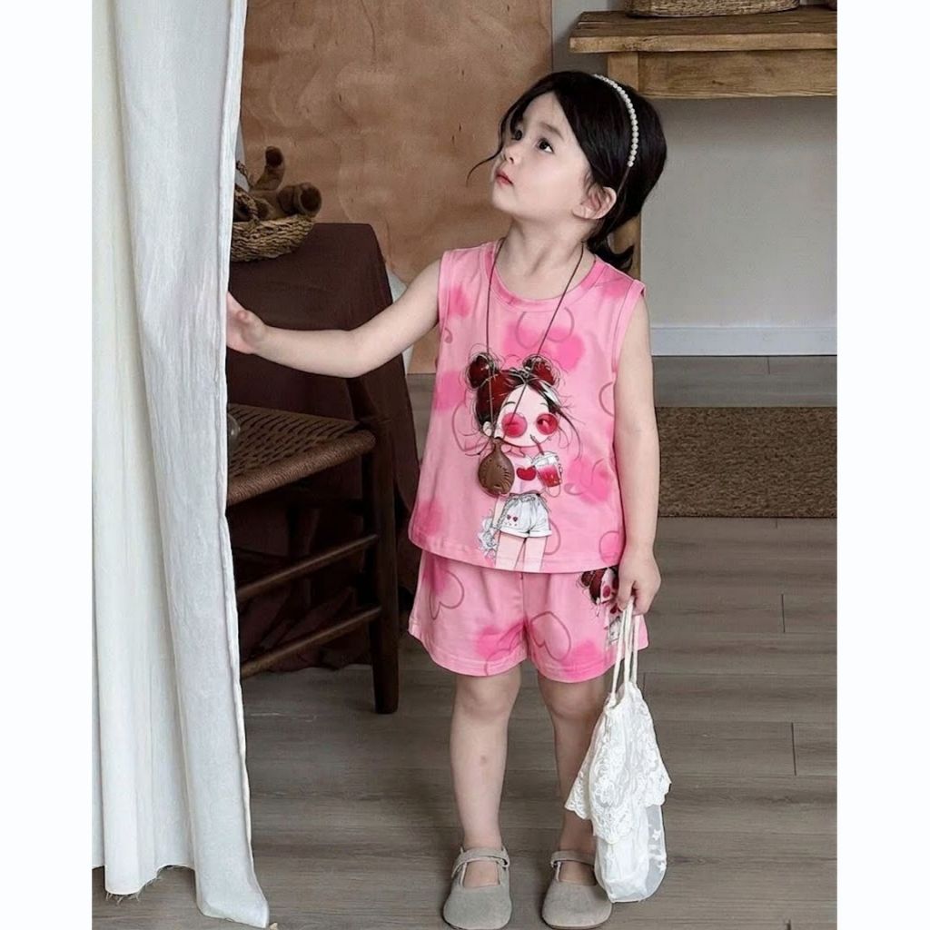 Bộ 3 lỗ Cô Gái Trà Sữa sz 9 - 43 kg, quần áo chất coton bé gái mùa hè 2026