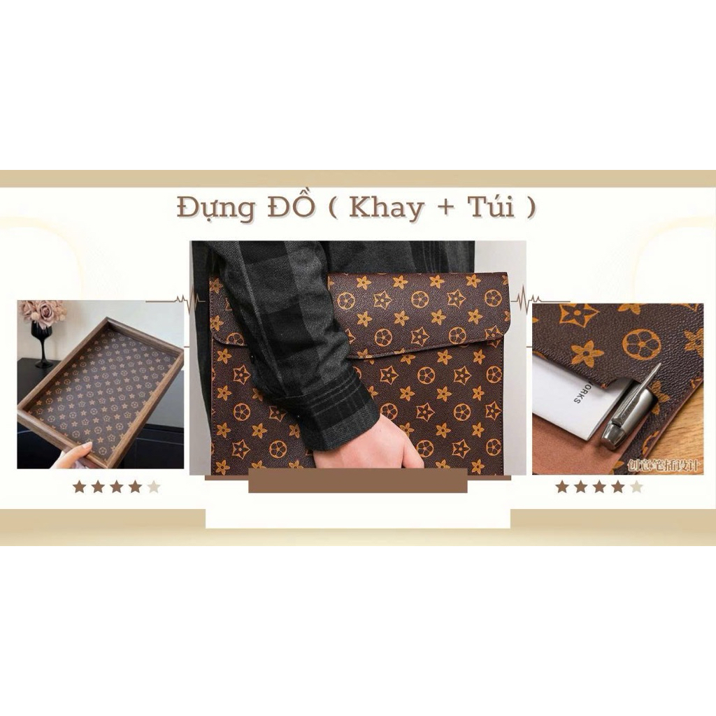 Khay gỗ để đồ sang trọng, mặt trên bằng da có họa tiết