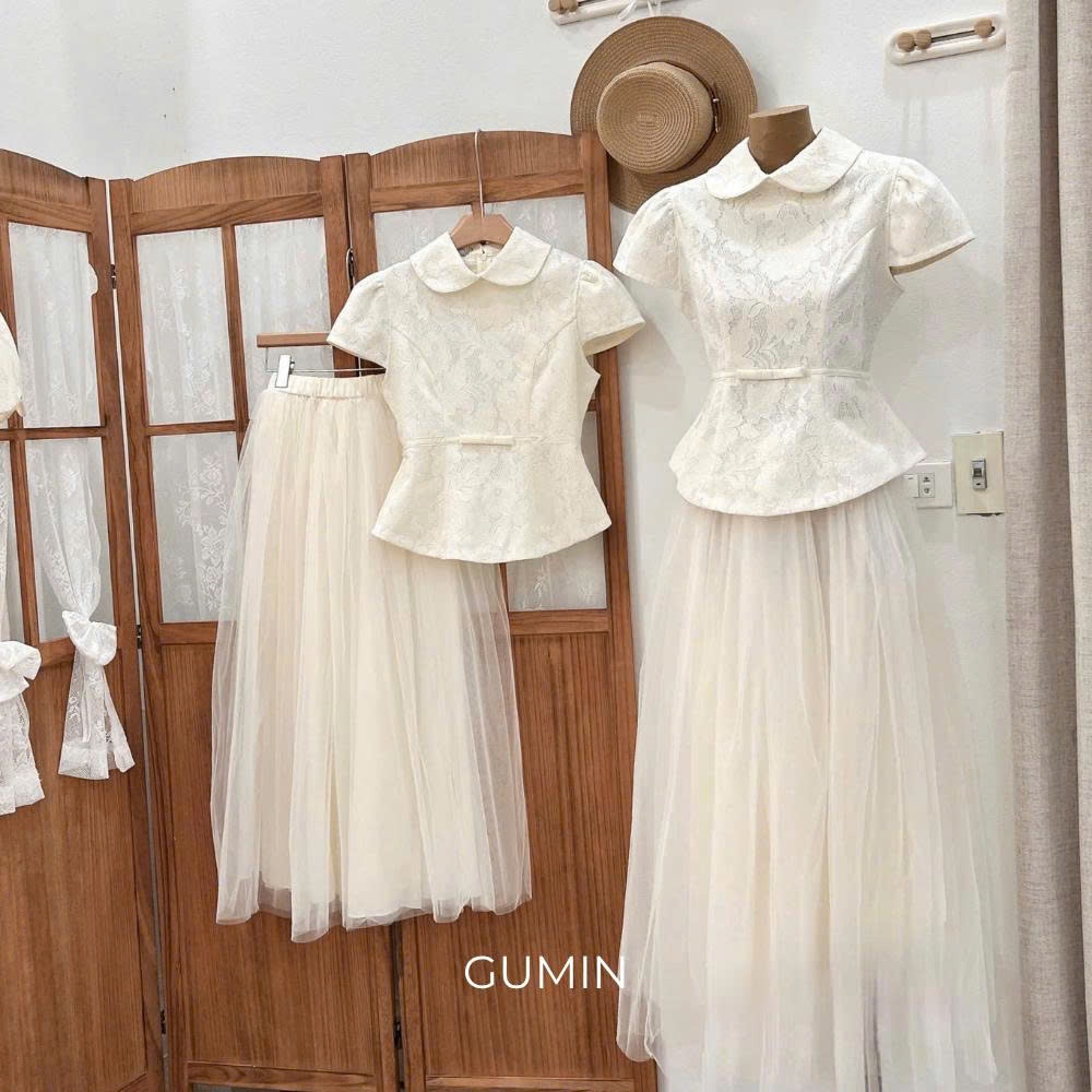 Set áo váy dự tiệc GUMIN thiết kế áo ren cổ sen tay ngắn dáng ôm eo kèm chân váy lưới dài 2 lớp dày dặn thanh lịch sang