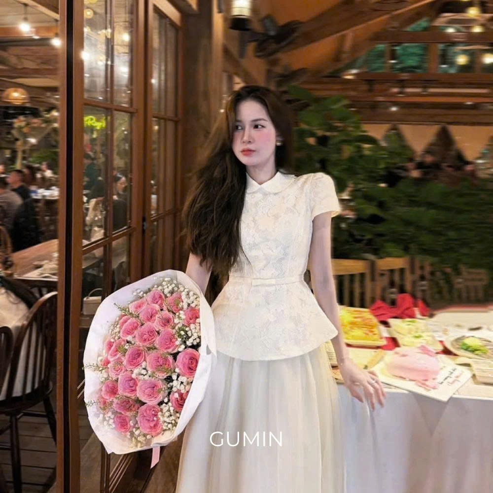 Set áo váy dự tiệc GUMIN thiết kế áo ren cổ sen tay ngắn dáng ôm eo kèm chân váy lưới dài 2 lớp dày dặn thanh lịch sang