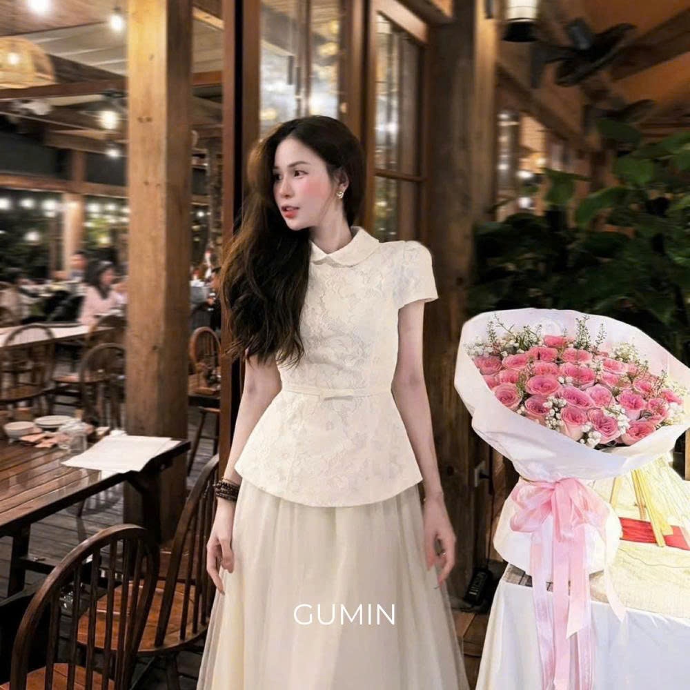 Set áo váy dự tiệc GUMIN thiết kế áo ren cổ sen tay ngắn dáng ôm eo kèm chân váy lưới dài 2 lớp dày dặn thanh lịch sang