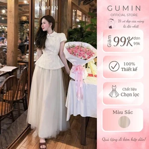 Set áo váy dự tiệc GUMIN thiết kế áo ren cổ sen tay ngắn dáng ôm eo kèm chân váy lưới dài 2 lớp dày dặn thanh lịch sang