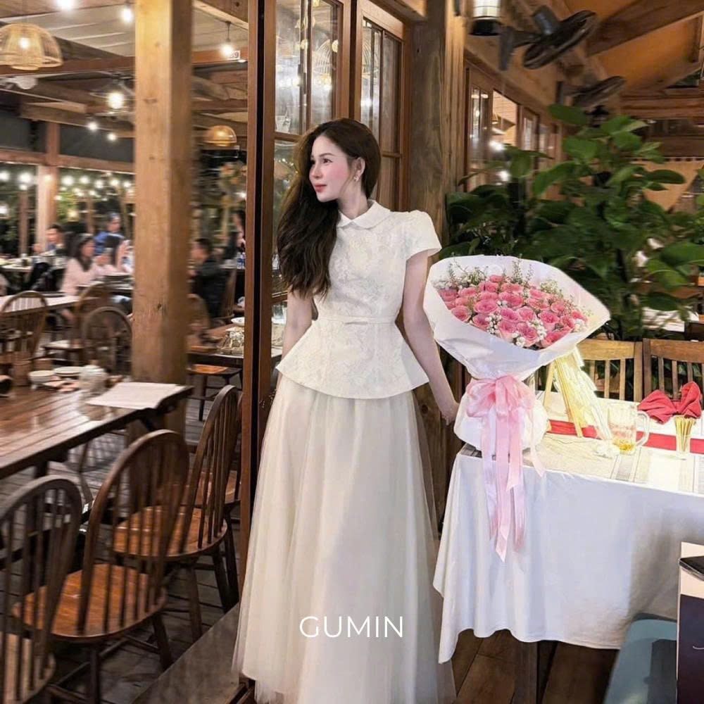 Set áo váy dự tiệc GUMIN thiết kế áo ren cổ sen tay ngắn dáng ôm eo kèm chân váy lưới dài 2 lớp dày dặn thanh lịch sang
