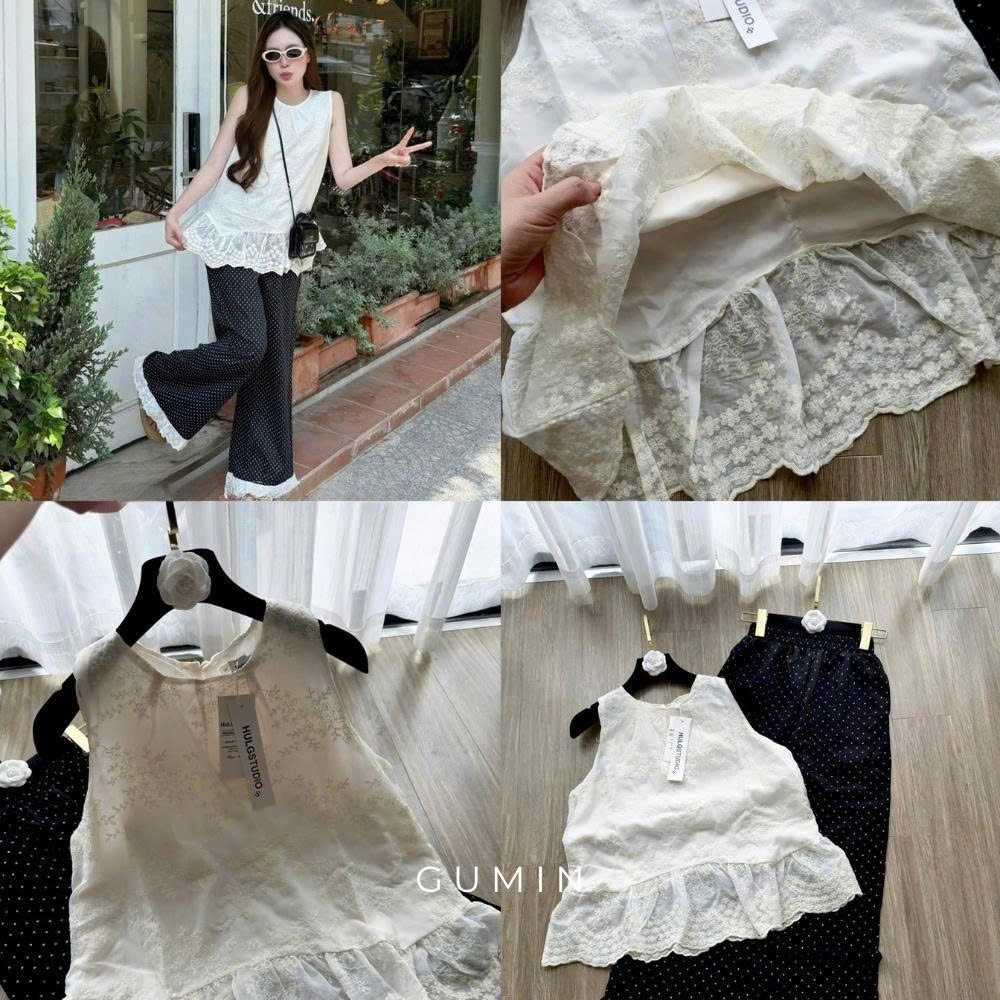 Set bộ kiểu nữ GUMIN thiết kế áo babydoll sát nách phối gấu ren bèo xòe kèm quần ống suông chấm bi tiểu thư sang chảnh