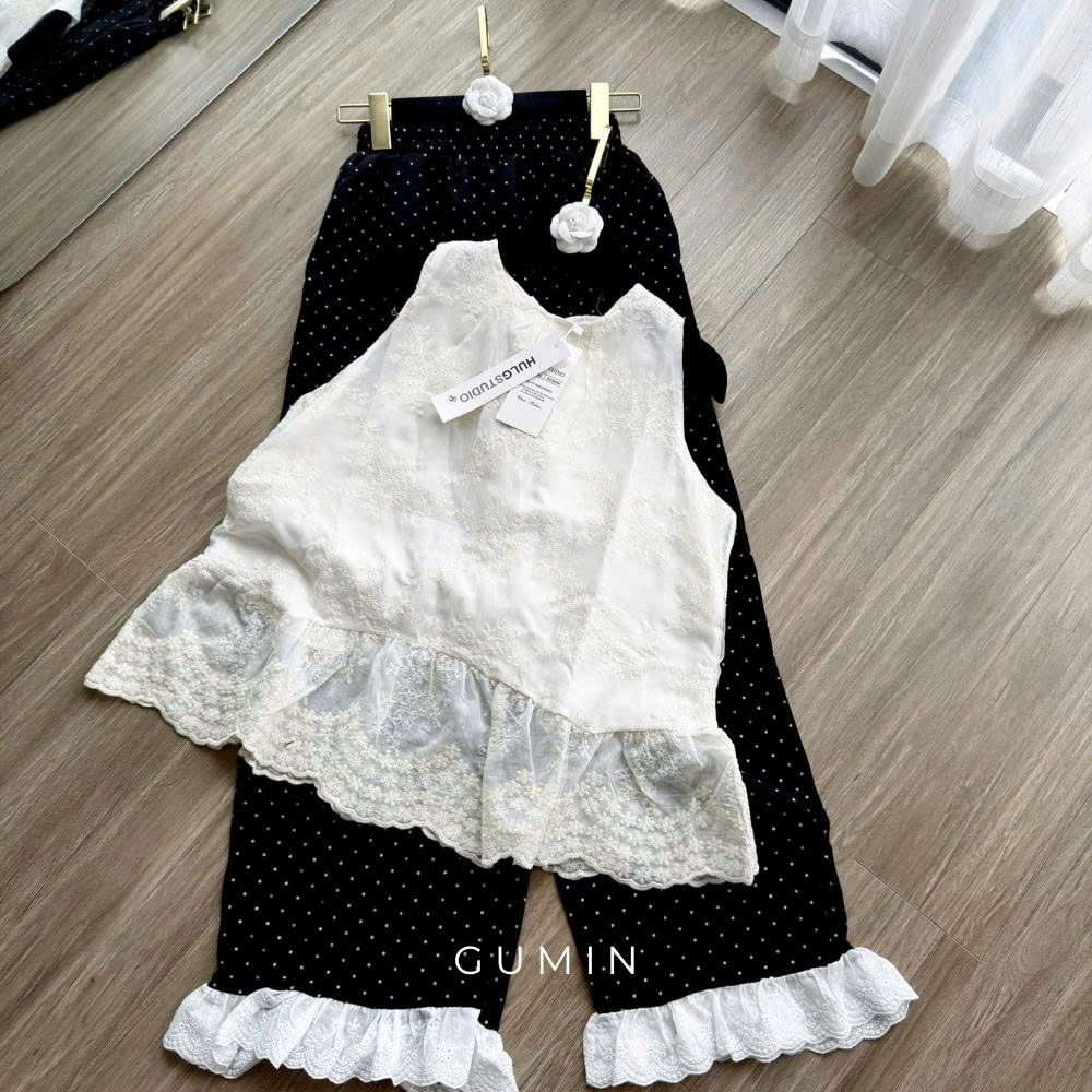 Set bộ kiểu nữ GUMIN thiết kế áo babydoll sát nách phối gấu ren bèo xòe kèm quần ống suông chấm bi tiểu thư sang chảnh