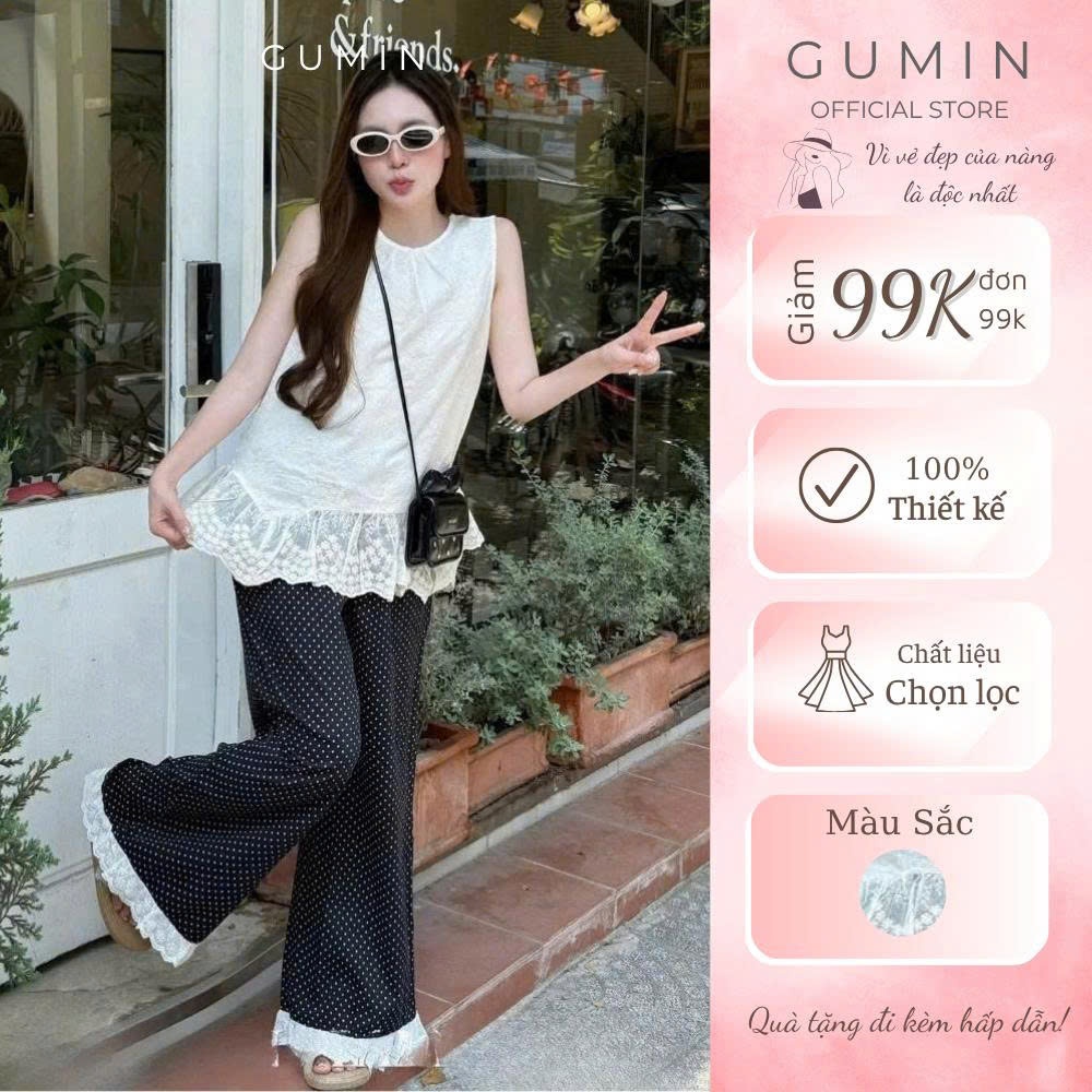 Set bộ kiểu nữ GUMIN thiết kế áo babydoll sát nách phối gấu ren bèo xòe kèm quần ống suông chấm bi tiểu thư sang chảnh