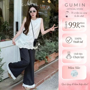 Set bộ kiểu nữ GUMIN thiết kế áo babydoll sát nách phối gấu ren bèo xòe kèm quần ống suông chấm bi tiểu thư sang chảnh