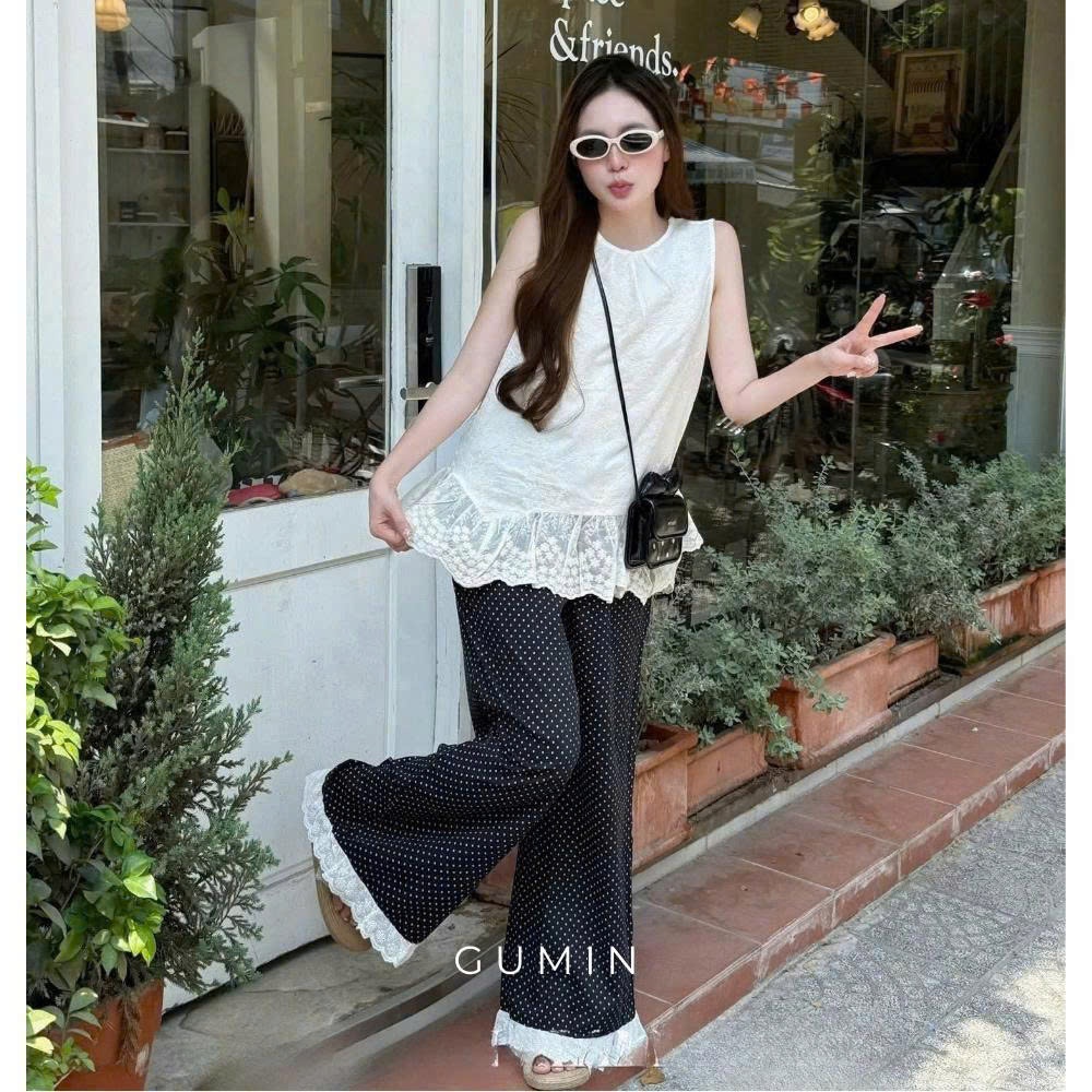 Set bộ kiểu nữ GUMIN thiết kế áo babydoll sát nách phối gấu ren bèo xòe kèm quần ống suông chấm bi tiểu thư sang chảnh
