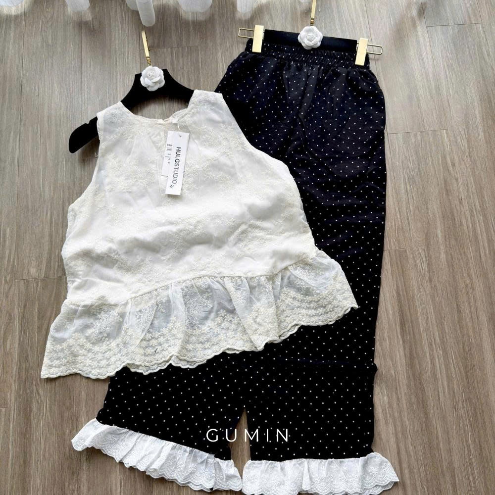 Set bộ kiểu nữ GUMIN thiết kế áo babydoll sát nách phối gấu ren bèo xòe kèm quần ống suông chấm bi tiểu thư sang chảnh