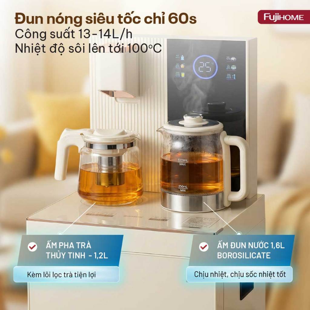 Máy nước nóng lạnh thông minh tích hợp bàn trà Nhập Khẩu FUJIHOME TB238N-UV, cây nước hiện đại