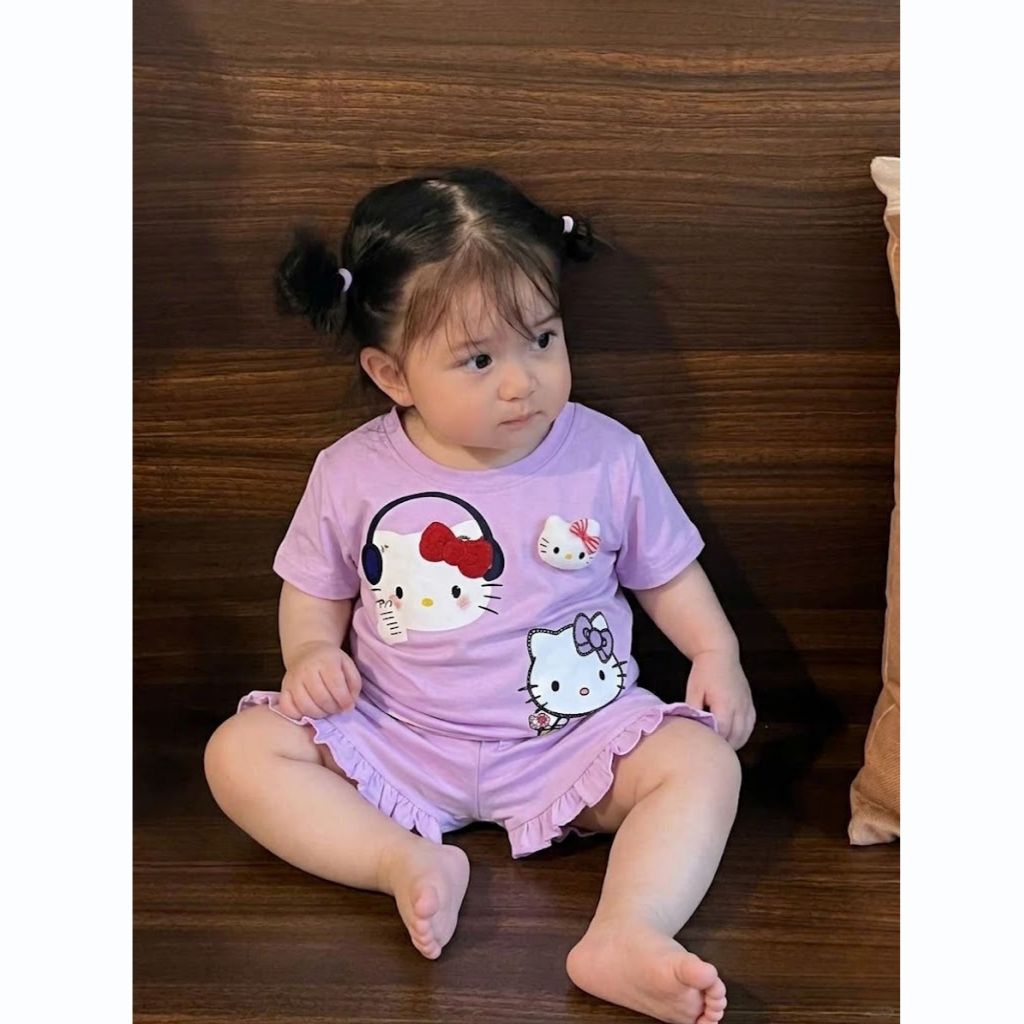 Bộ bé gái hoạ tiết Mèo Hello Kitty Tai Phôn 2 màu, bộ mùa hè thoáng mát SZ 9 - 38 KG cho bé
