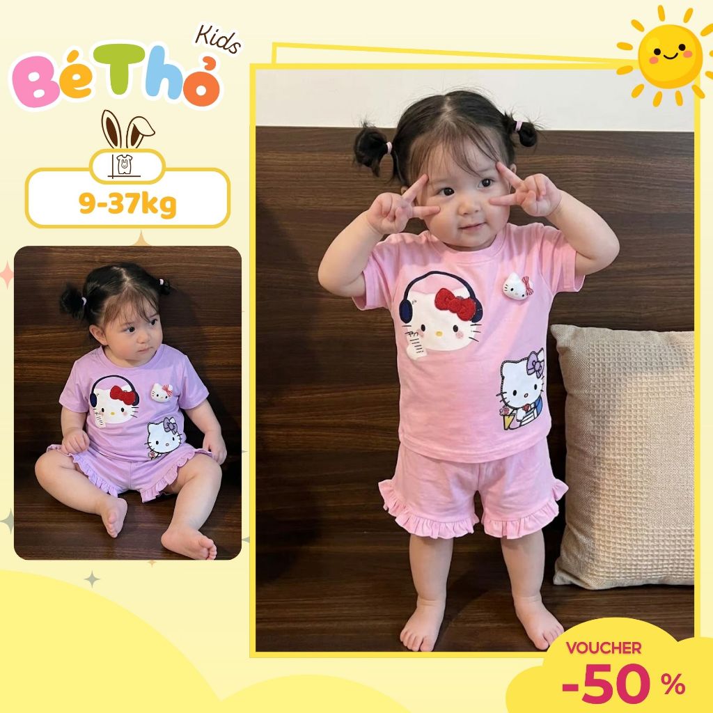 Bộ bé gái hoạ tiết Mèo Hello Kitty Tai Phôn 2 màu, bộ mùa hè thoáng mát SZ 9 - 38 KG cho bé