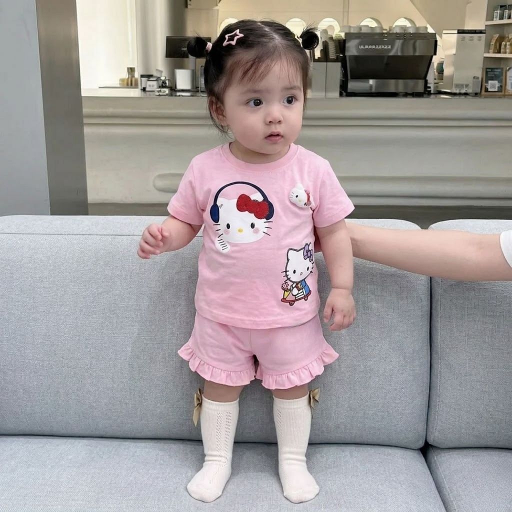 Bộ bé gái hoạ tiết Mèo Hello Kitty Tai Phôn 2 màu, bộ mùa hè thoáng mát SZ 9 - 38 KG cho bé