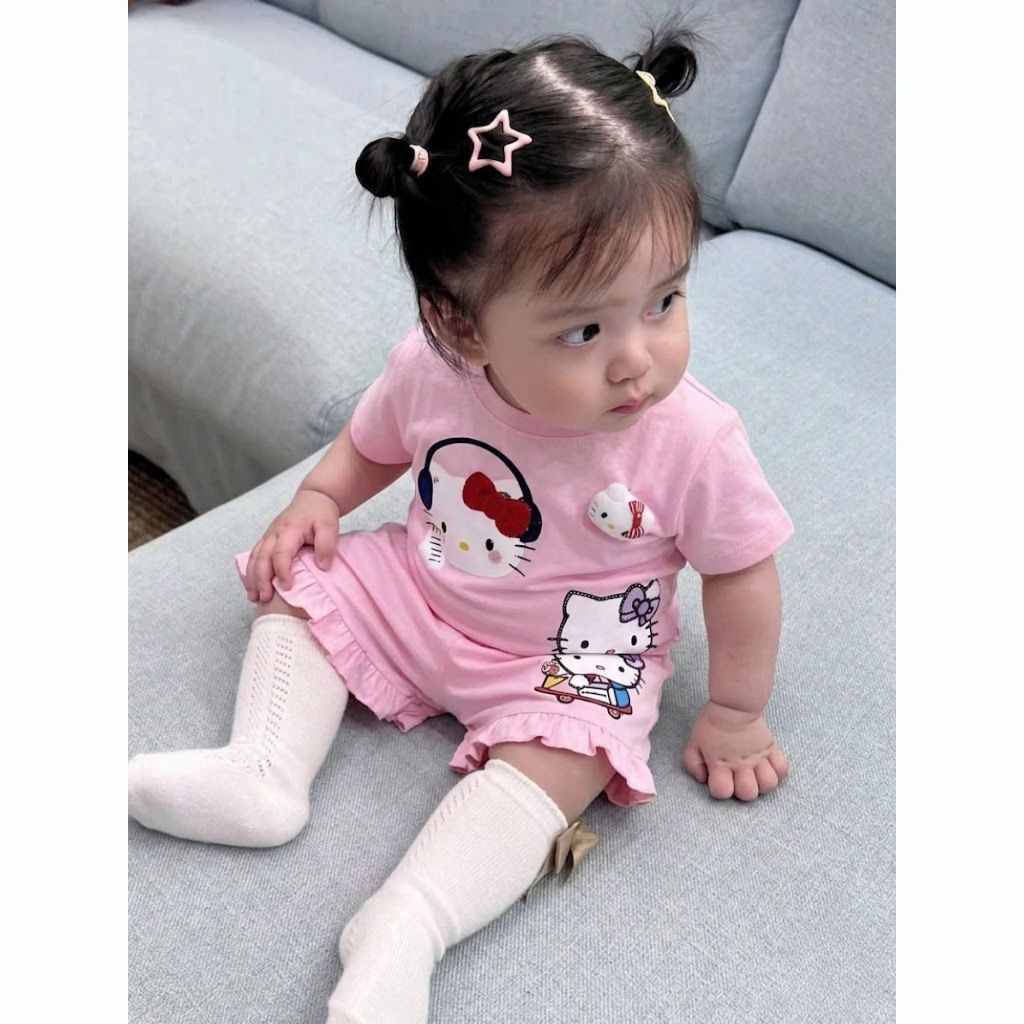 Bộ bé gái hoạ tiết Mèo Hello Kitty Tai Phôn 2 màu, bộ mùa hè thoáng mát SZ 9 - 38 KG cho bé