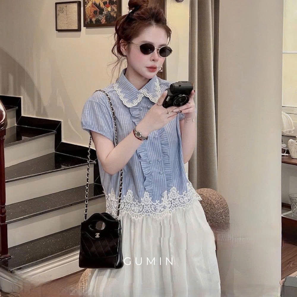 Áo sơ mi kẻ xanh GUMIN thiết kế áo tay ngắn phối viền ren khuy bọc cổ sen tiểu thư, Áo sơ mi nữ dự tiệc sang trọng thanh
