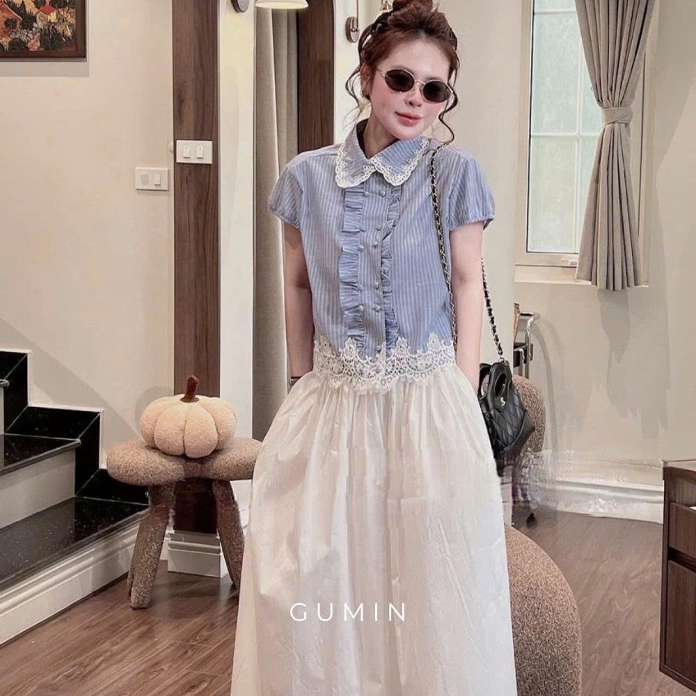 Áo sơ mi kẻ xanh GUMIN thiết kế áo tay ngắn phối viền ren khuy bọc cổ sen tiểu thư, Áo sơ mi nữ dự tiệc sang trọng thanh