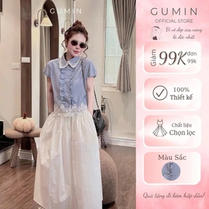 Áo sơ mi kẻ xanh GUMIN thiết kế áo tay ngắn phối viền ren khuy bọc cổ sen tiểu thư, Áo sơ mi nữ dự tiệc sang trọng thanh