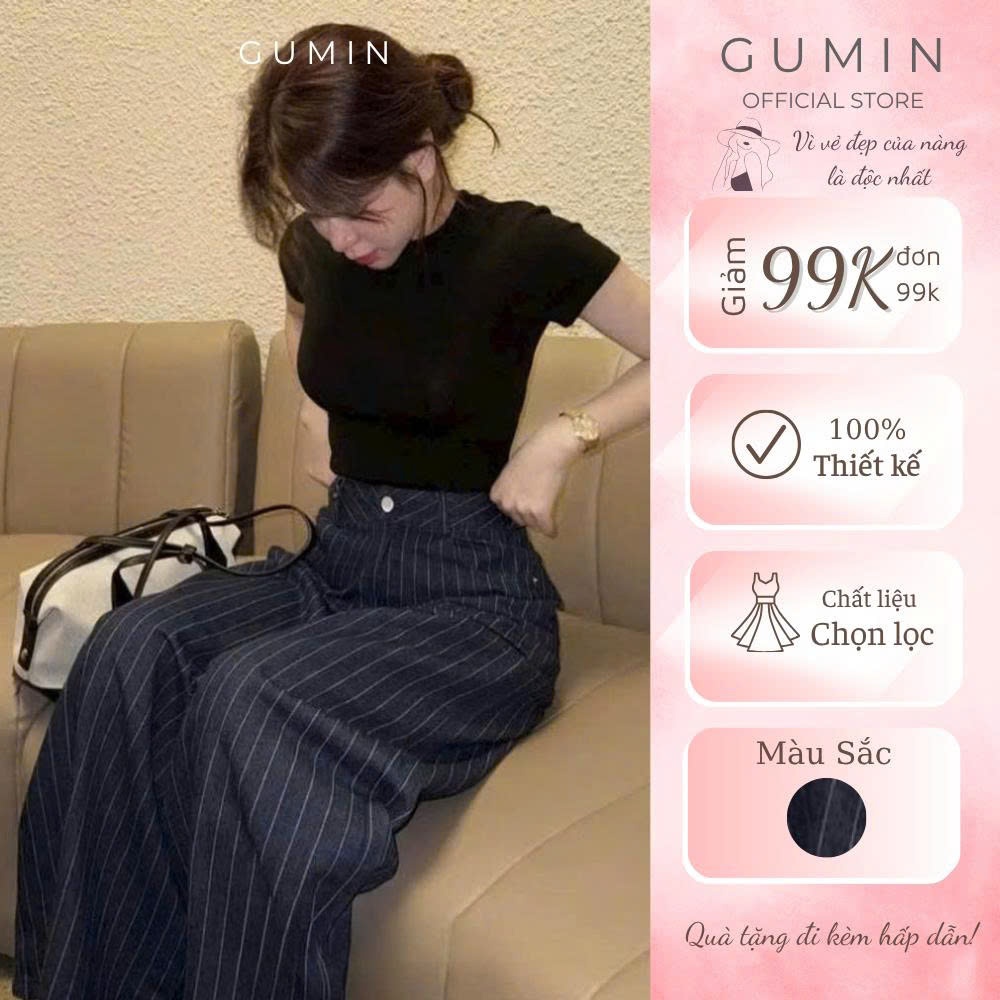 Quần jean than GUMIN thiết kế quần cạp cao kẻ sọc dáng suông dài sang trọng, Quần jean kiểu nữ dày dặn thanh lịch
