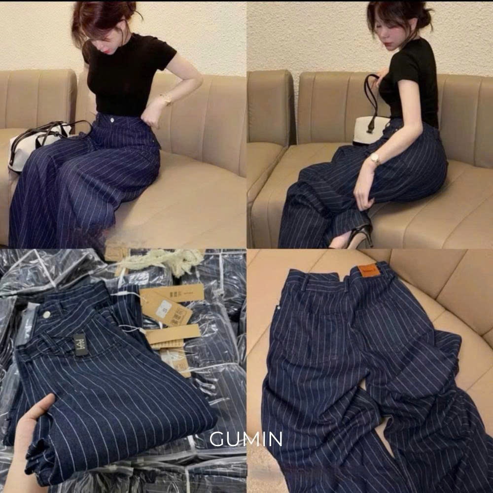 Quần jean than GUMIN thiết kế quần cạp cao kẻ sọc dáng suông dài sang trọng, Quần jean kiểu nữ dày dặn thanh lịch