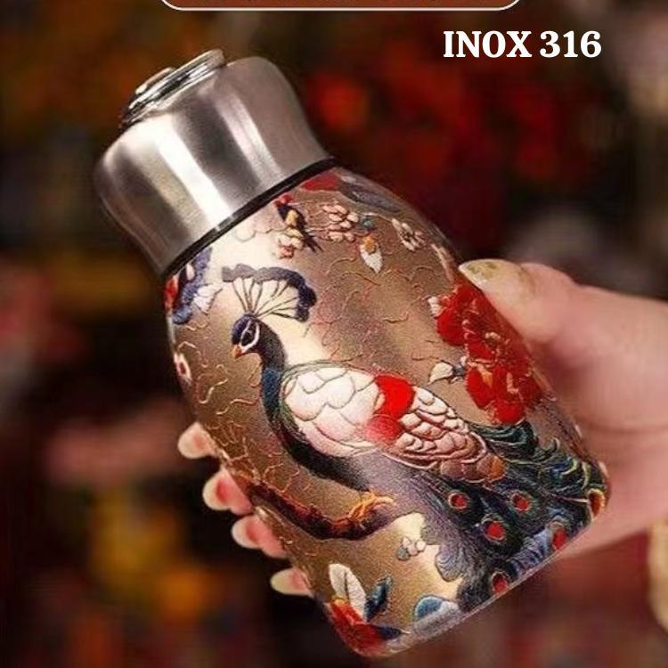 Bình nước giữ nhiệt Inox 316 dung tích 300ml họa tiết Chim Công huyền bí giữ nhiệt đến 12h