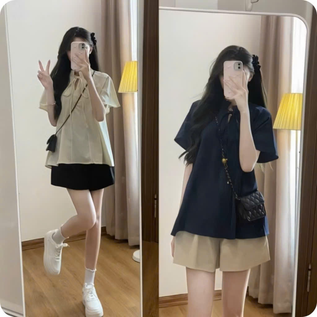 [Bigsize] Áo sơ mi cổ tàu buộc nơ A87, trẻ trung xinh xắn dễ phối đồ che khuyết điểm tốt đủ size 50-100kg