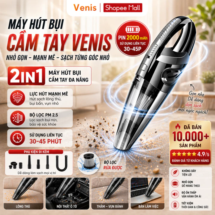 Máy Hút Bụi Cầm Tay Mini 120W, Pin Sạc Tích Điện Cao Cấp Cực Mạnh, Bảo Hành Chính Hãng