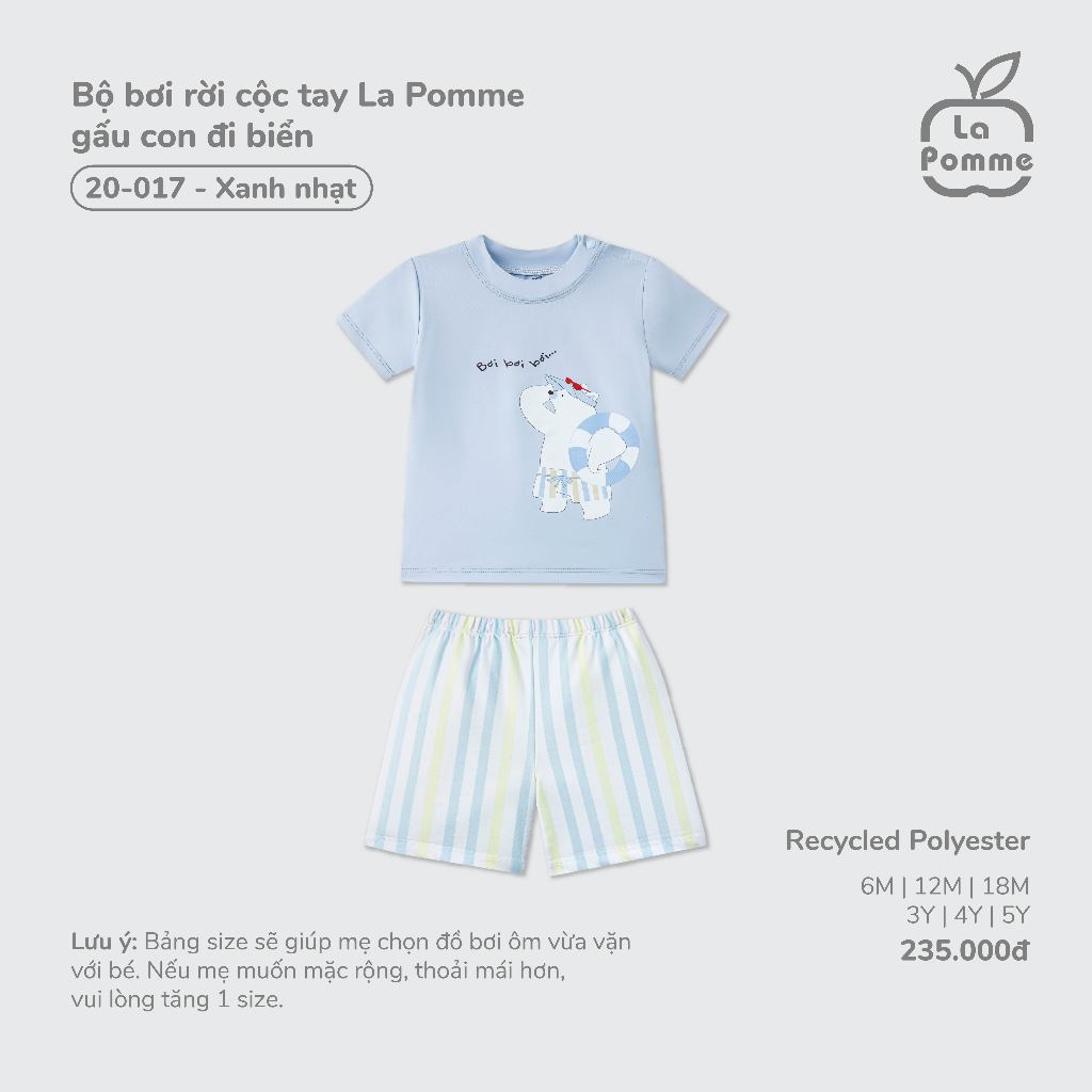 Bộ bơi rời cộc tay La Pomme gấu con đi biển - Chất liệu Recycled Polyester mềm nhẹ, nhanh khô – Bé trai - 6M - 5Y
