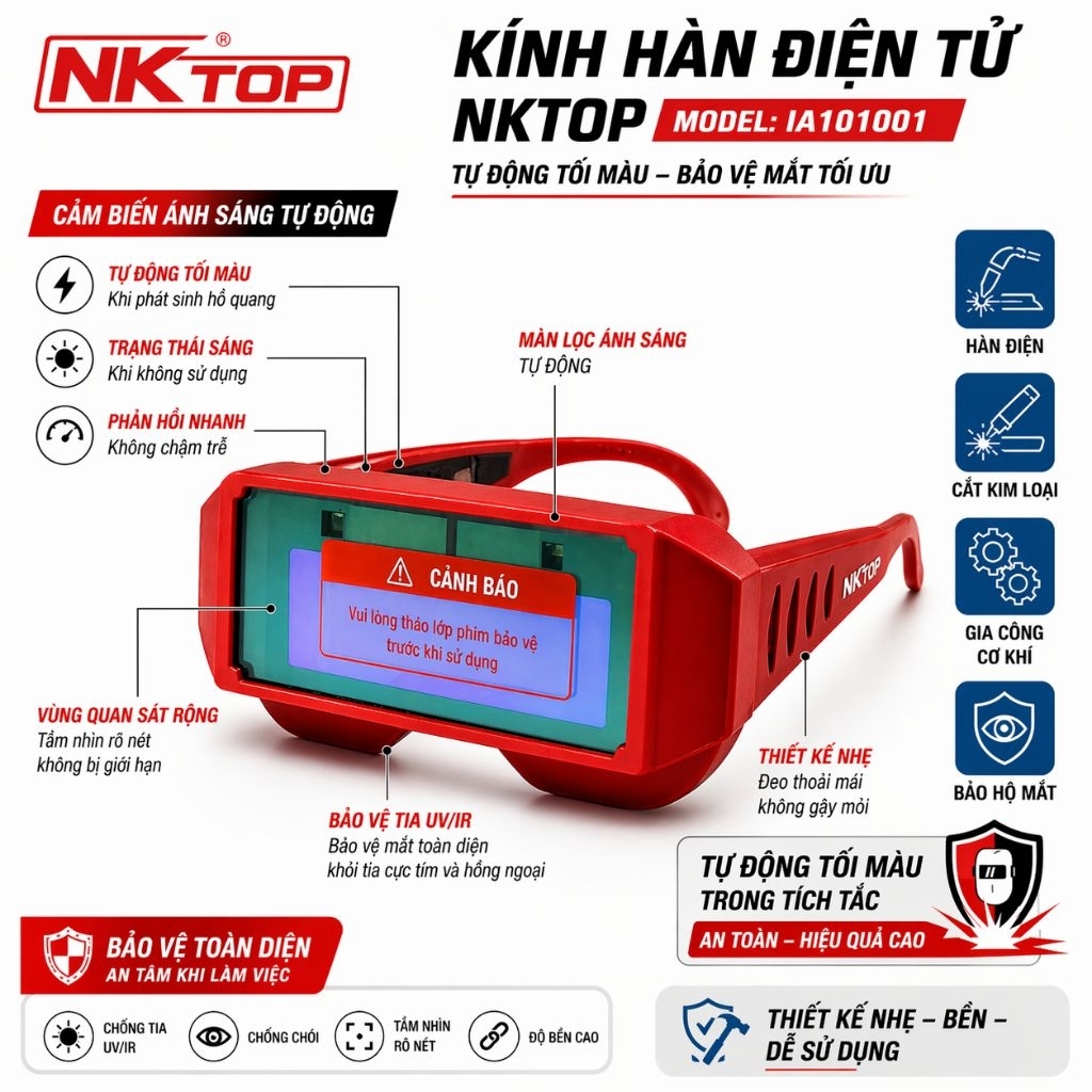 Kính Hàn Điện Tử NKTop – Tự Động Tối Màu, Bảo Vệ Mắt Khi Hàn - Kính có dây đeo đầu vàng cam