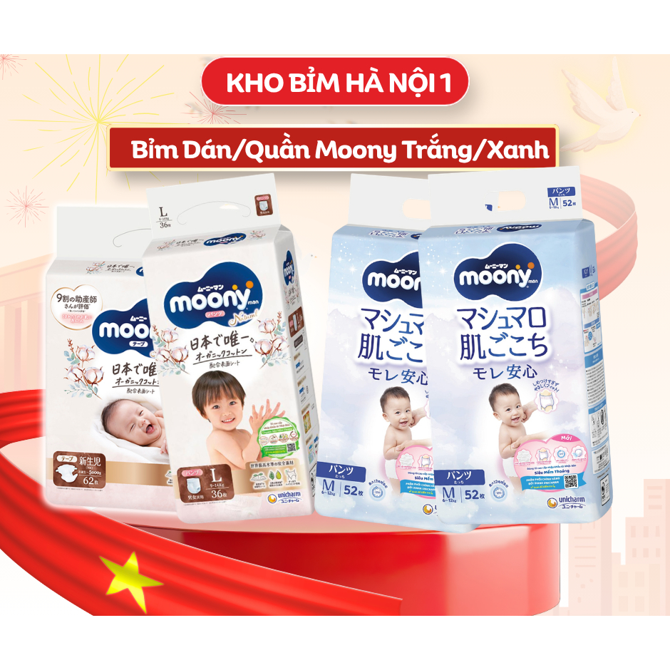 Bỉm tã Moony xanh/ moony trắng full size dán/quần NB90/S84/M58/L54/L44/XL38/XXL26