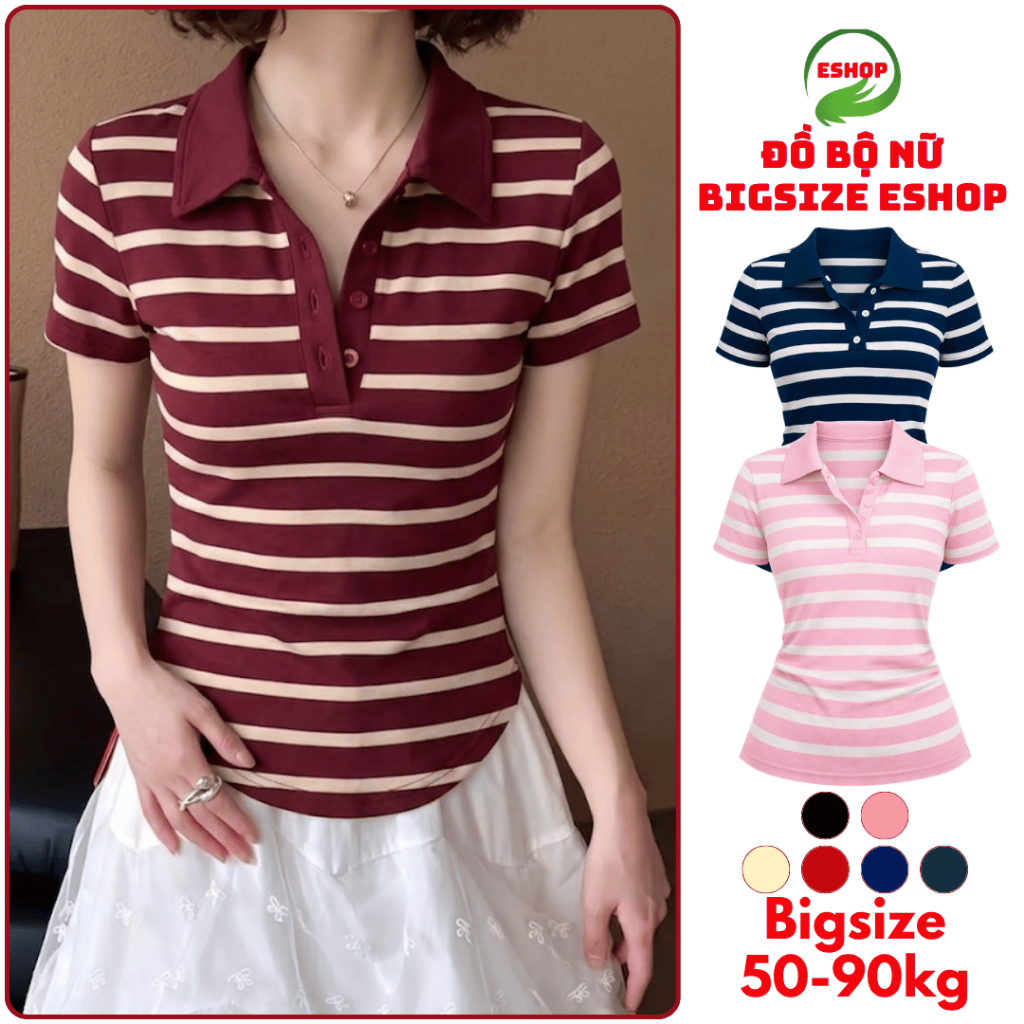 Áo Thun Nữ Bigsize Tay Ngắn Kẻ Sọc Cổ Polo MS533 Thun Cotton Co Giãn Mềm Mịn Form Rộng ESHOP 45-85kg