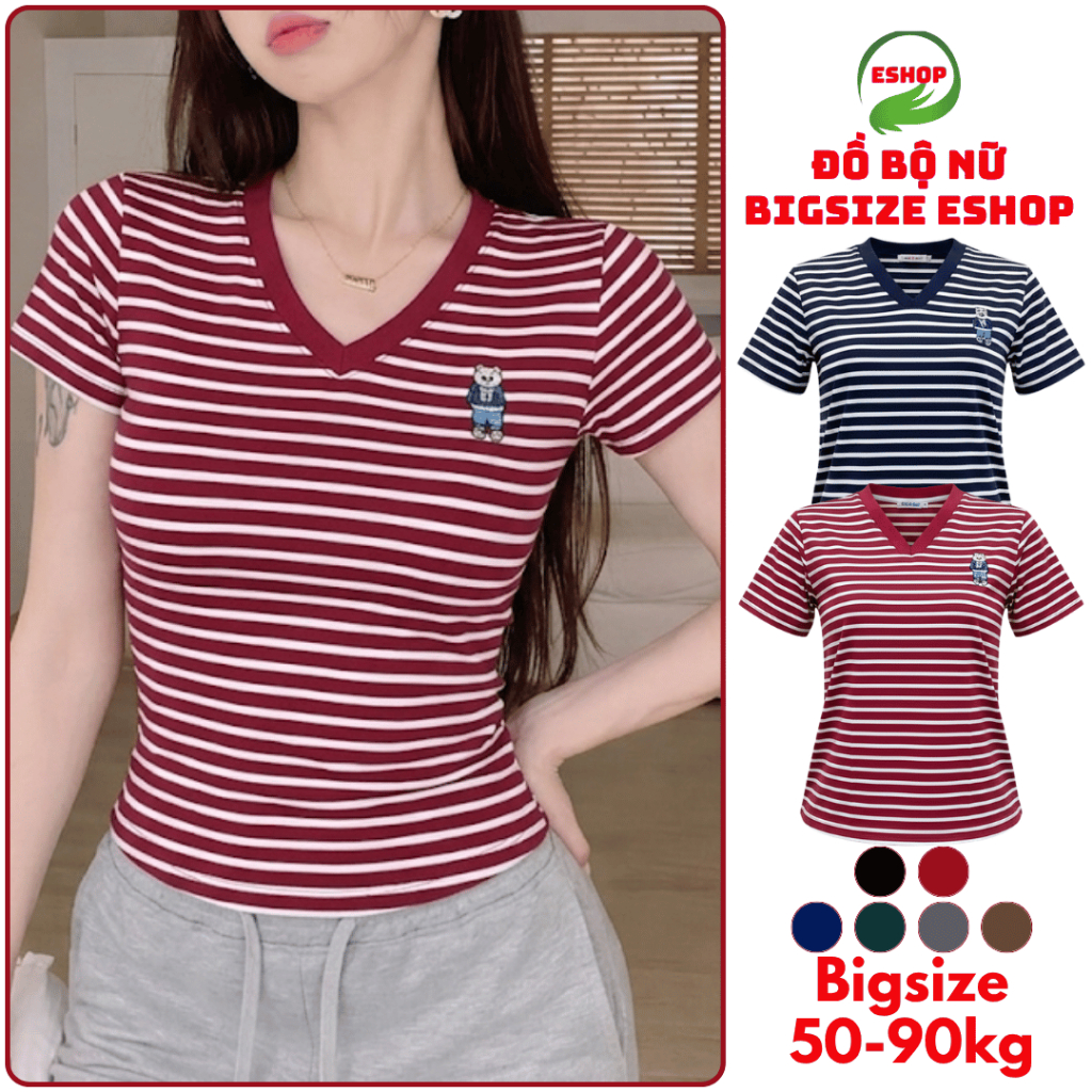 Áo Thun Nữ Cổ Tim Bigsize ESHOP Áo Tay Ngắn Kẻ Sọc Đẹp Chất Thun Cotton Mềm Mịn Dễ Thương  MS496