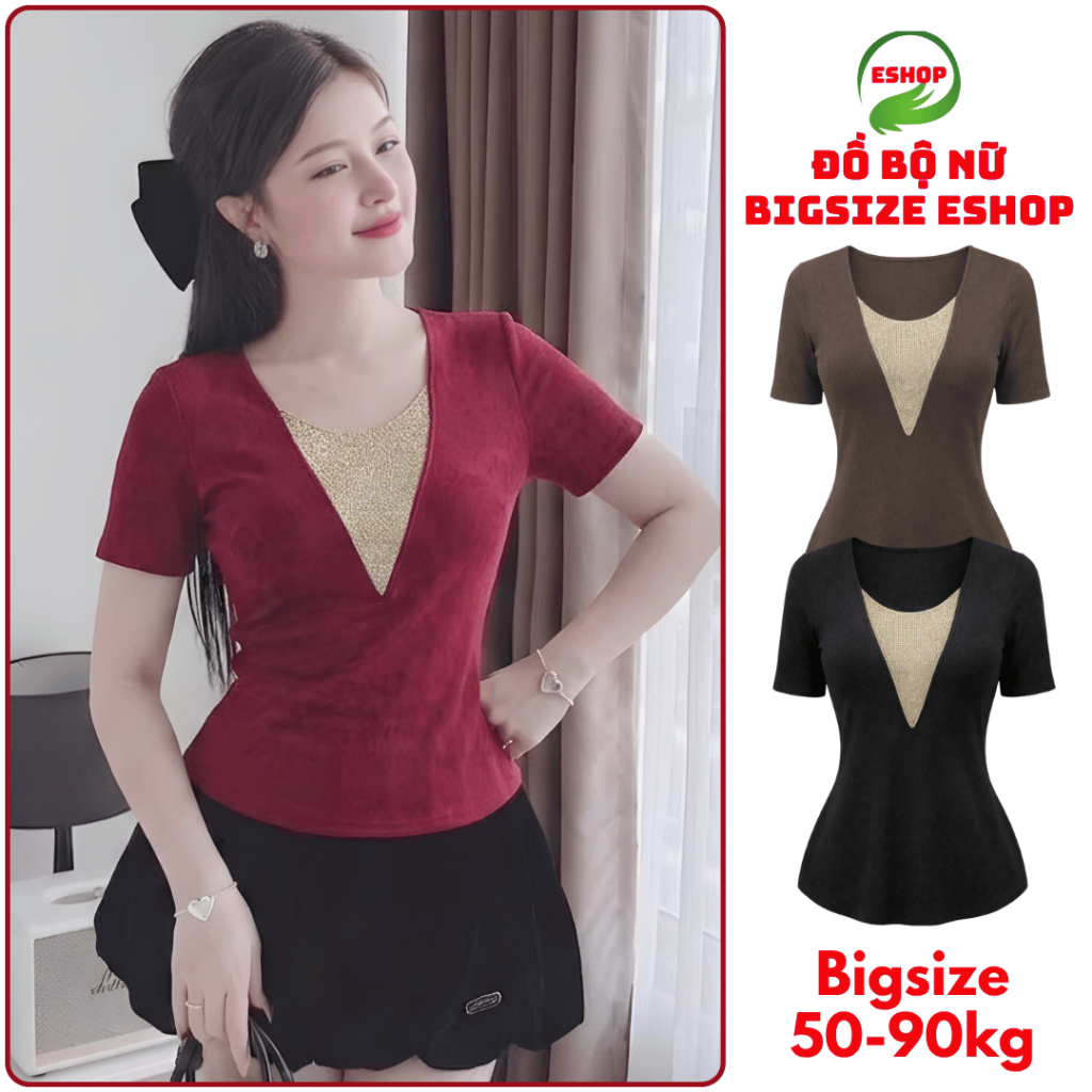 Áo Kiểu Nữ Đẹp Cổ V Tay Ngắn Đính Cườm Co Giãn Bigsize ESHOP - Áo Thun Nữ Ôm Body Sang Chảnh MS567