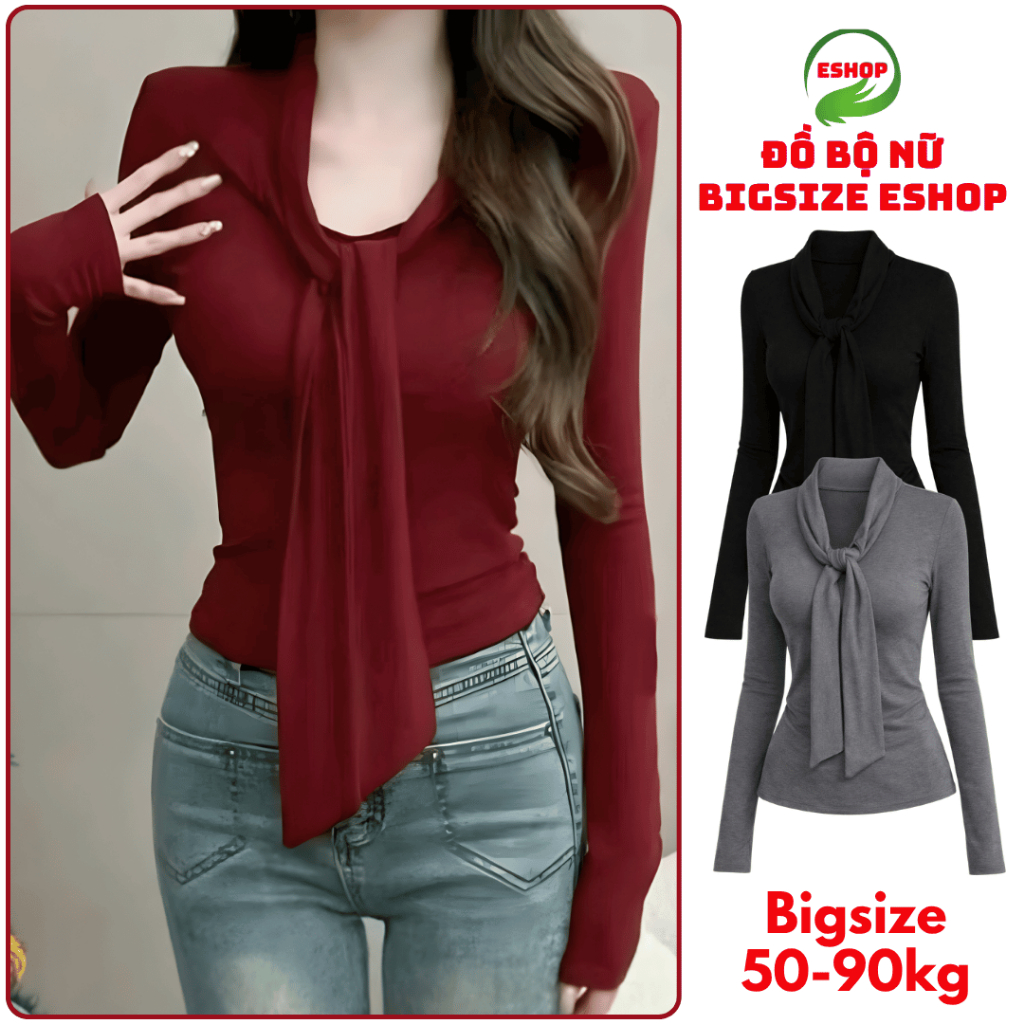 Áo Thun Nữ Thiết Kế Dây Thắt Chất Thun Gân Tăm ESHOP Áo Kiểu Tay Dài Bigsize Ôm Body Tôn Dáng MS555