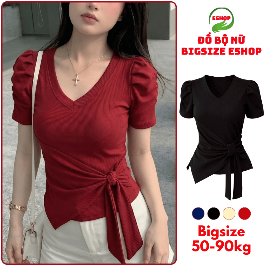 Áo Thun Bigsize Tay Ngắn Cột Nơ Dễ Thương ESHOP Áo Thun Nữ Cổ Tim Tay Phồng Ôm Body MS473