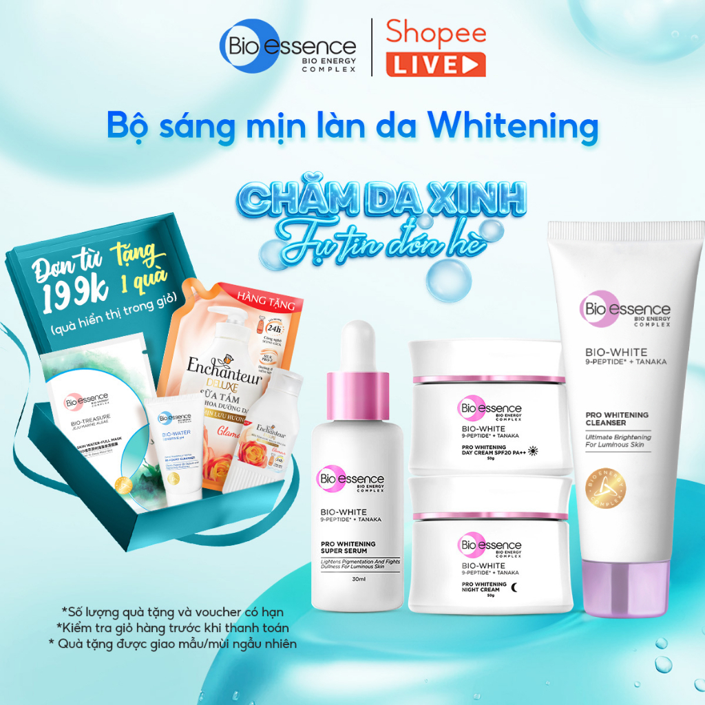Bio-essence White - Sáng mịn Whitening: Kem ngày/ đêm 50g, Tinh chất 30ml, Sữa rửa mặt 100g, Kem chống nắng 40ml - LIVE