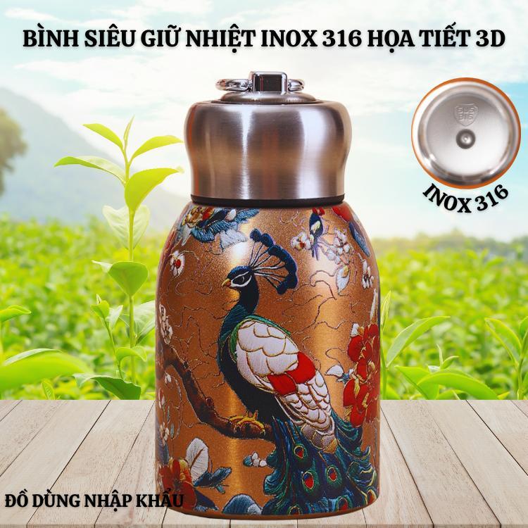 Bình nước giữ nhiệt Inox 316 dung tích 300ml họa tiết Chim Công huyền bí giữ nhiệt đến 12h