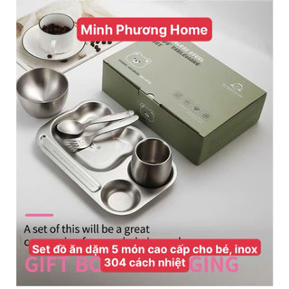 Set Ăn Dặm [478] Inox 304 Mẫu Gấu Cho Bé, 5 Món Gồm Bát, Khay, Cốc, Thìa, Nĩa  chống nóng dễ dùng có hộp