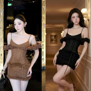 Váy 2 dây coset phối trễ vai viền bèo V176 SM nâu, đen
