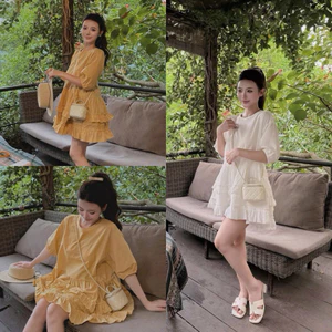 Váy babydoll cổ tròn tay lỡ dáng tầng V178 SM vàng, trắng