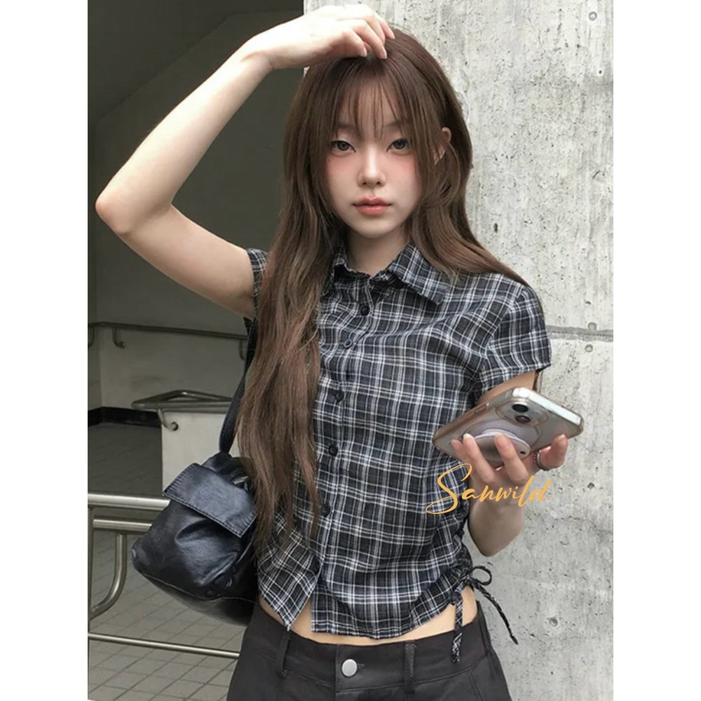 [KH50] Áo sơ mi ngắn tay kẻ caro kiểu Sanwild mùa hè có dây rút tôn dáng trẻ trung | Khao Boutique