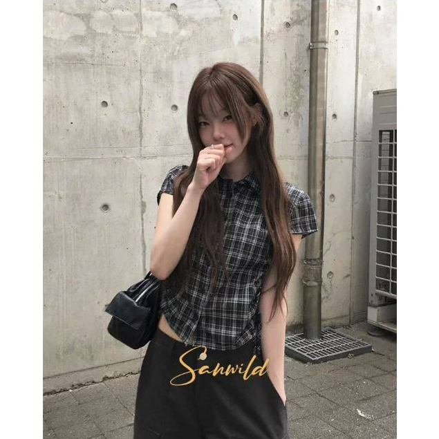 [KH50] Áo sơ mi ngắn tay kẻ caro kiểu Sanwild mùa hè có dây rút tôn dáng trẻ trung | Khao Boutique